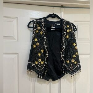 Unisex Black‎ beaded Sequins vest pearl details  festival boho large